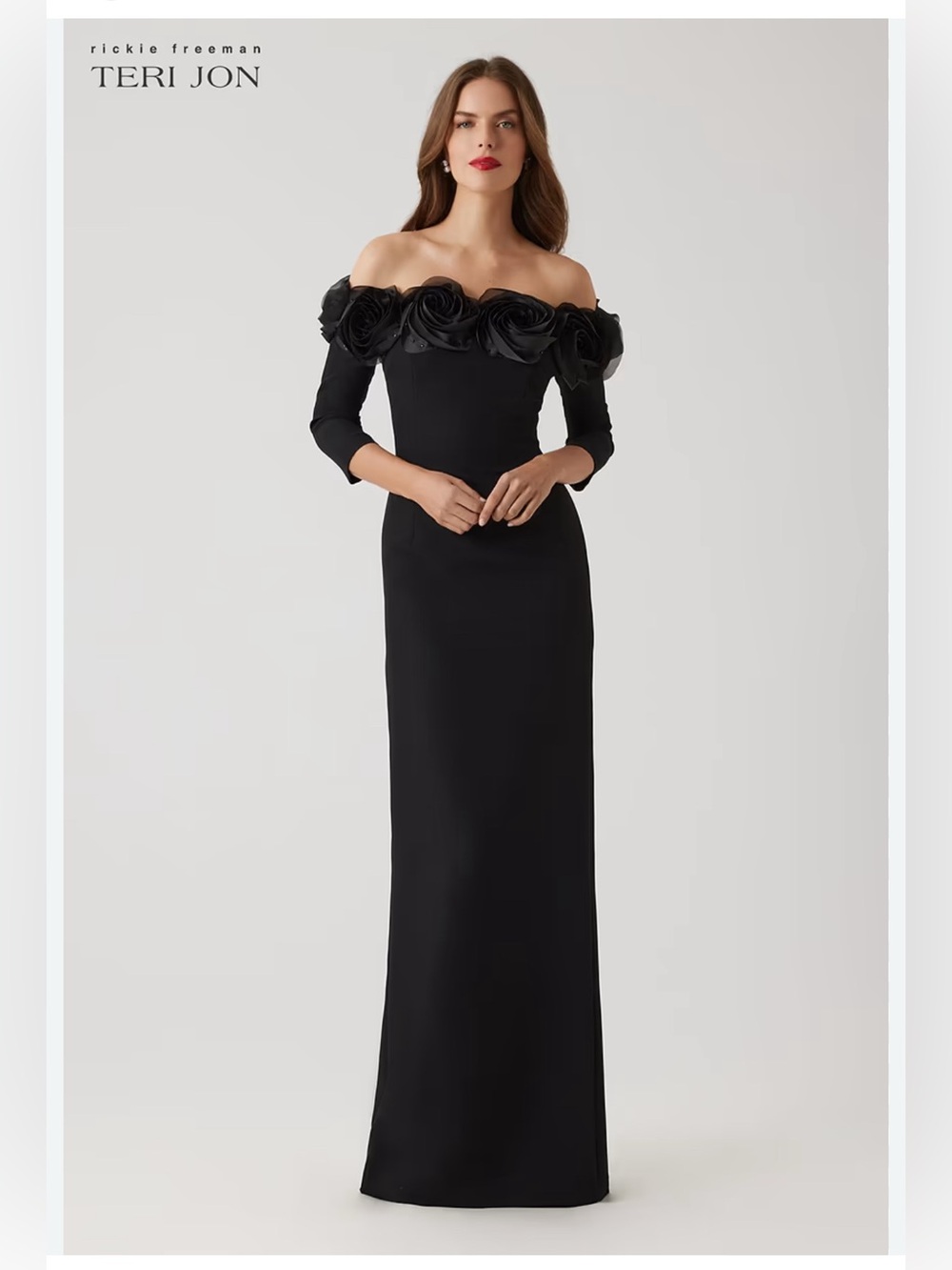 Teri Jon Crepe 3D Flower Off The Shoulder Gown black dress NWT SIZE 14